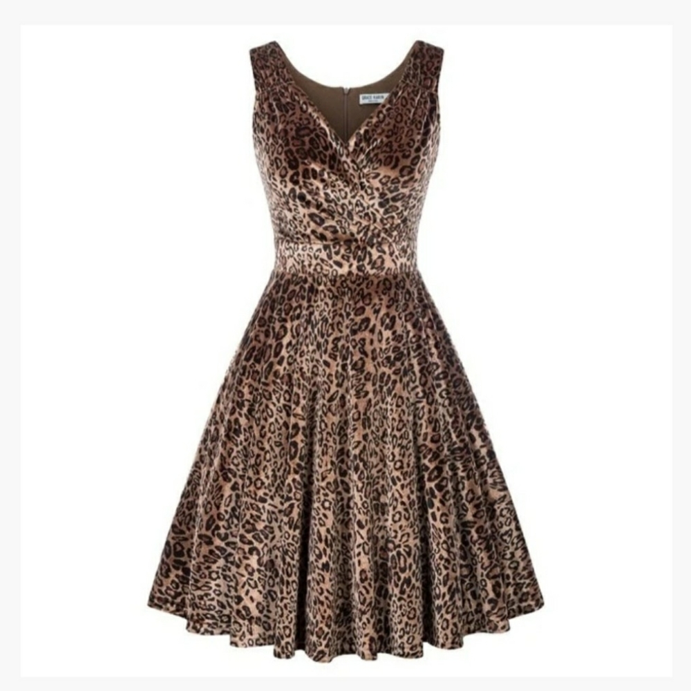 Retro Sleeveless Leopard Velvet Dress